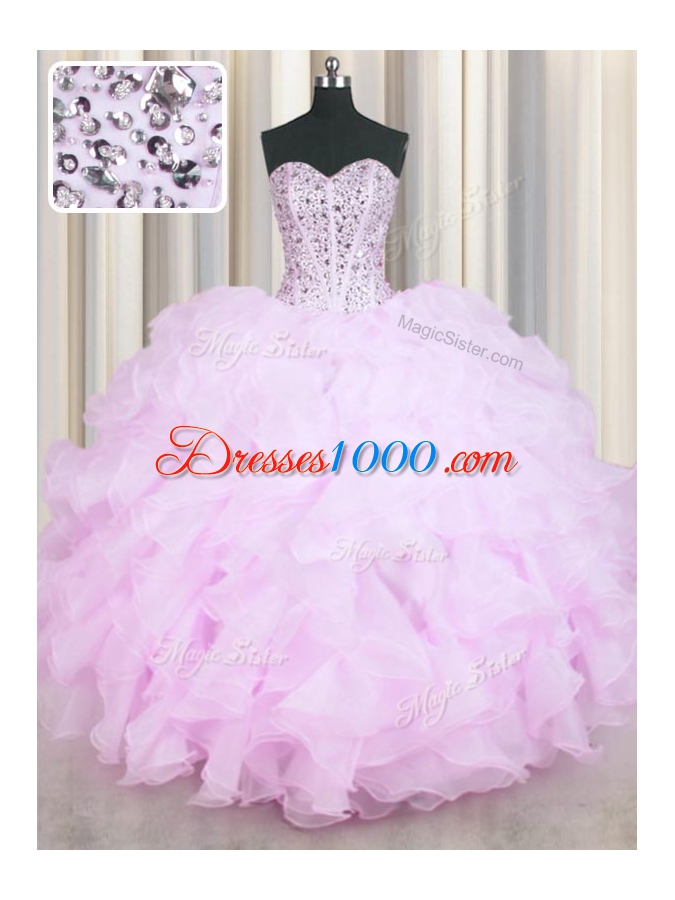 Graceful Mermaid Lilac Lace Up 15th Birthday Dress Beading and Ruffles Sleeveless Floor Length