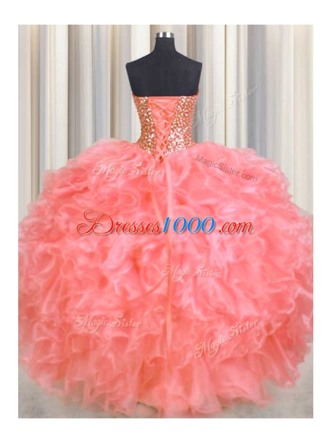 Halter Top Organza Sleeveless Floor Length Sweet 16 Dress and Beading and Ruffles