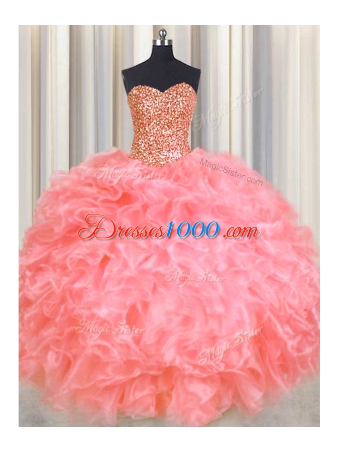 Halter Top Organza Sleeveless Floor Length Sweet 16 Dress and Beading and Ruffles