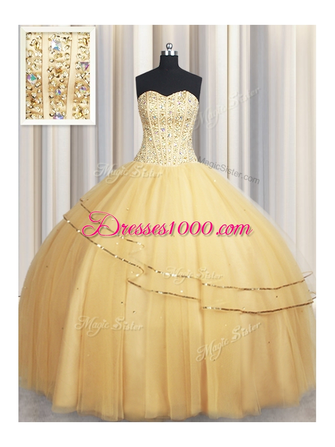 Ideal Visible Boning Big Puffy Champagne Sweetheart Neckline Beading and Ruching Quinceanera Gown Sleeveless Lace Up