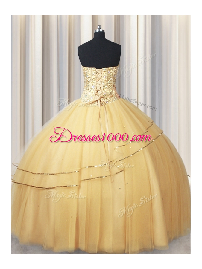 Ideal Visible Boning Big Puffy Champagne Sweetheart Neckline Beading and Ruching Quinceanera Gown Sleeveless Lace Up