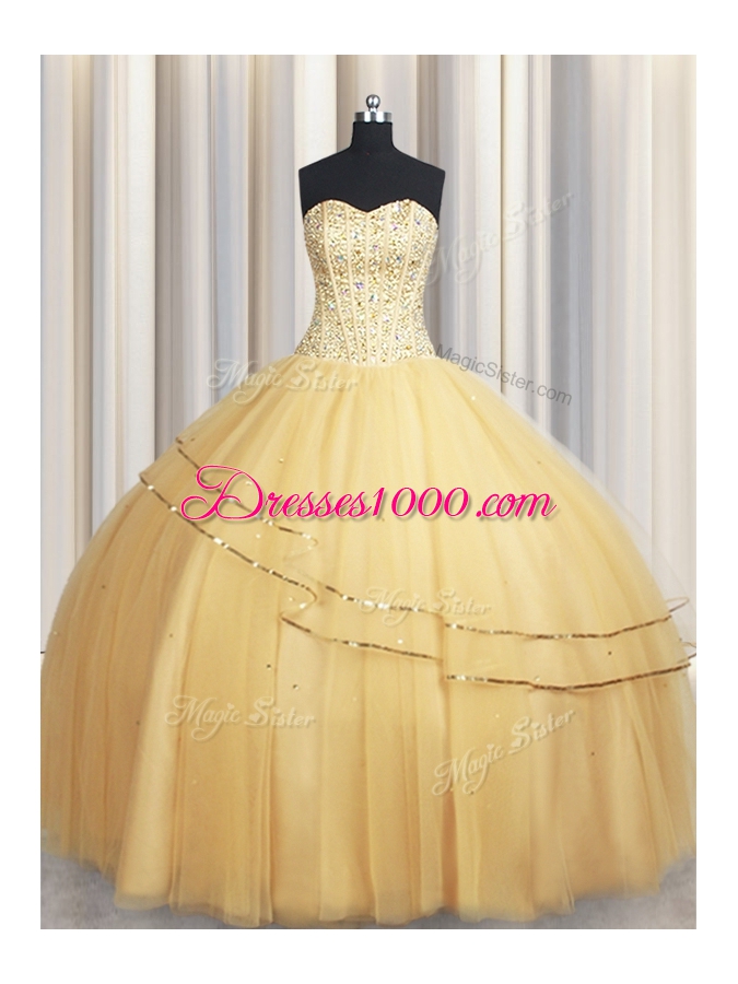 Ideal Visible Boning Big Puffy Champagne Sweetheart Neckline Beading and Ruching Quinceanera Gown Sleeveless Lace Up