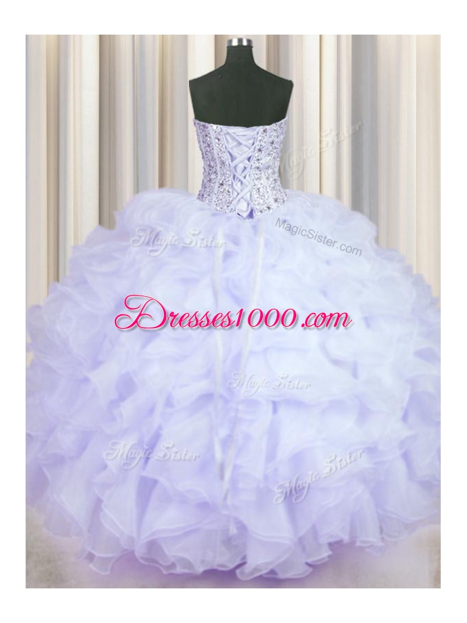 Lavender Organza Lace Up Quince Ball Gowns Sleeveless Floor Length Beading and Ruffles