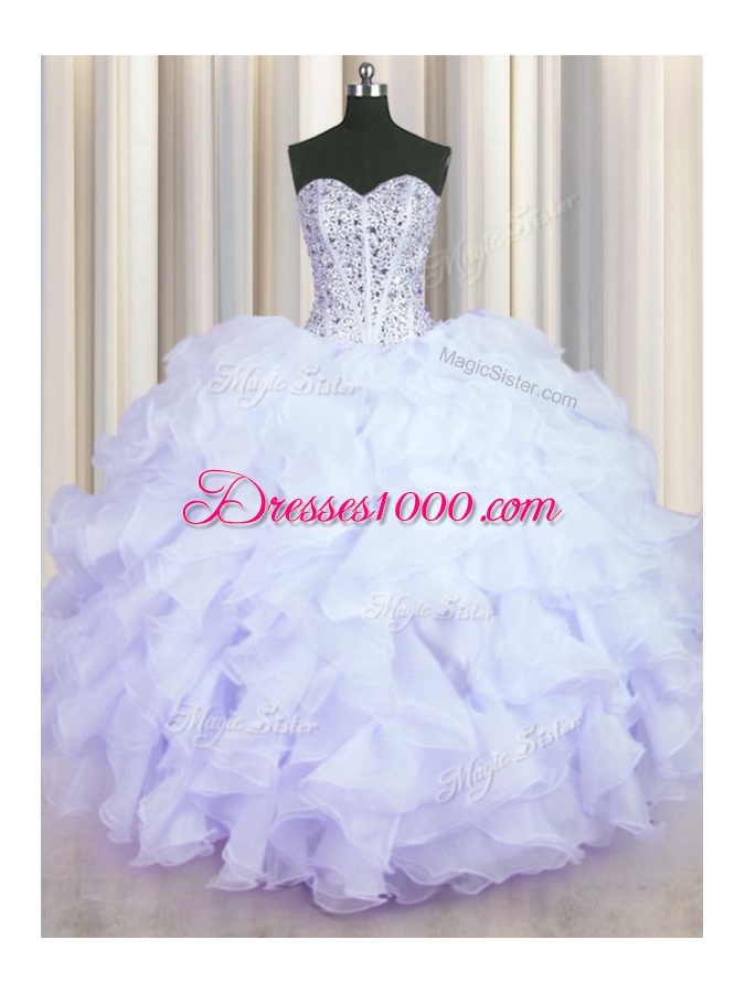 Lavender Organza Lace Up Quince Ball Gowns Sleeveless Floor Length Beading and Ruffles