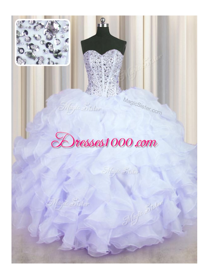 Lavender Organza Lace Up Quince Ball Gowns Sleeveless Floor Length Beading and Ruffles