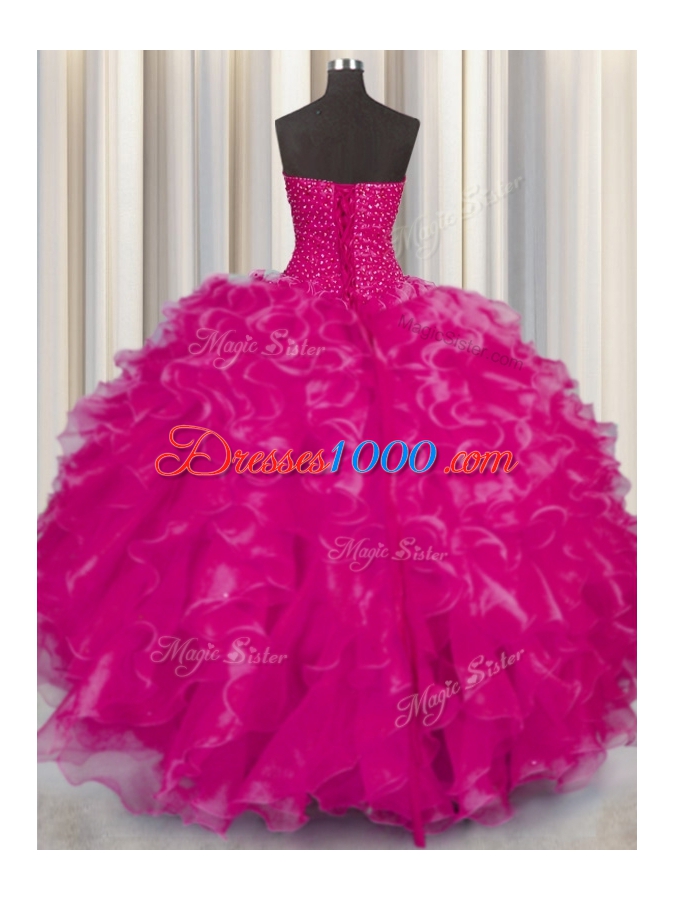 Modern Hot Pink Organza Lace Up 15 Quinceanera Dress Sleeveless Floor Length Beading and Ruffles