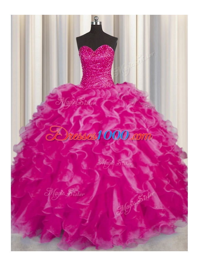 Modern Hot Pink Organza Lace Up 15 Quinceanera Dress Sleeveless Floor Length Beading and Ruffles
