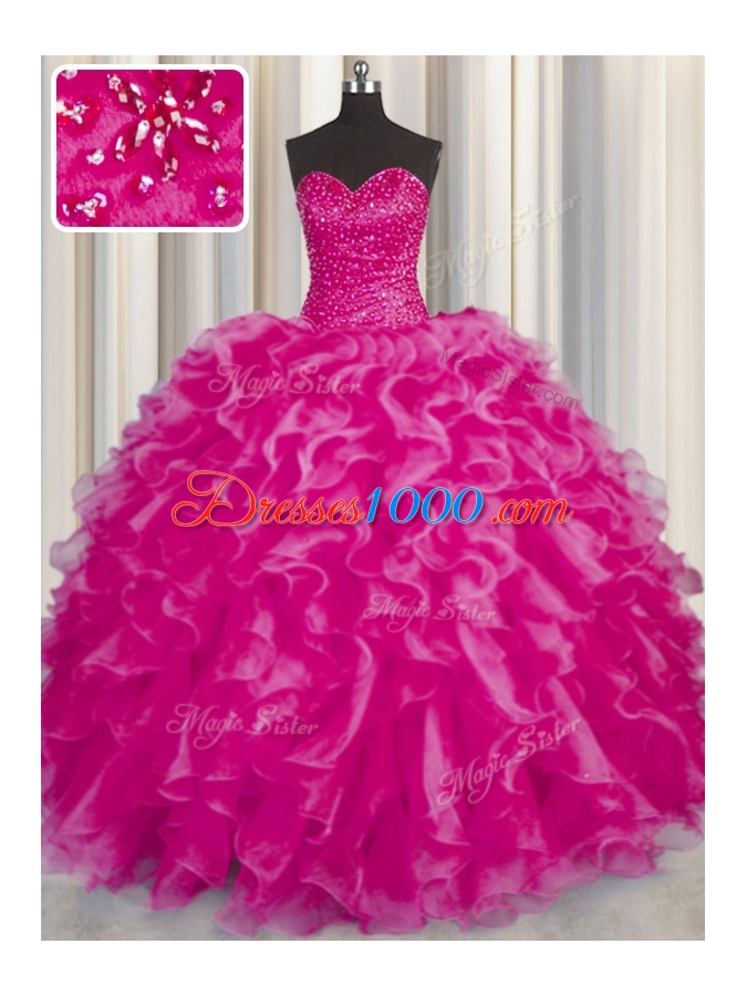 Modern Hot Pink Organza Lace Up 15 Quinceanera Dress Sleeveless Floor Length Beading and Ruffles