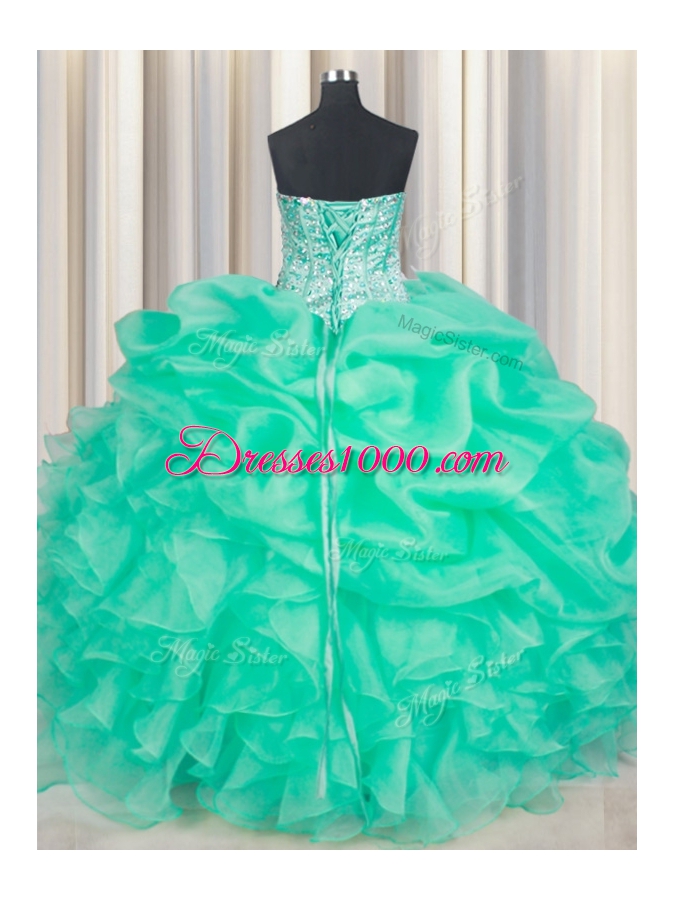 New Style Sweetheart Sleeveless Sweet 16 Dresses Floor Length Beading and Ruffles and Pick Ups Turquoise Organza