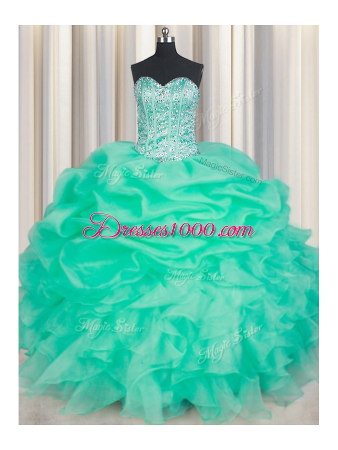 New Style Sweetheart Sleeveless Sweet 16 Dresses Floor Length Beading and Ruffles and Pick Ups Turquoise Organza