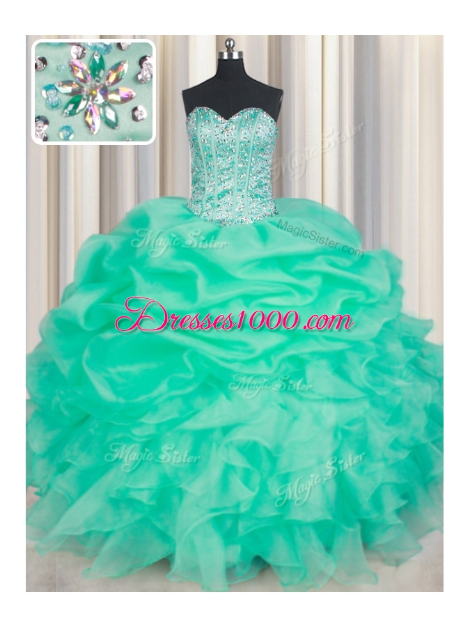 New Style Sweetheart Sleeveless Sweet 16 Dresses Floor Length Beading and Ruffles and Pick Ups Turquoise Organza