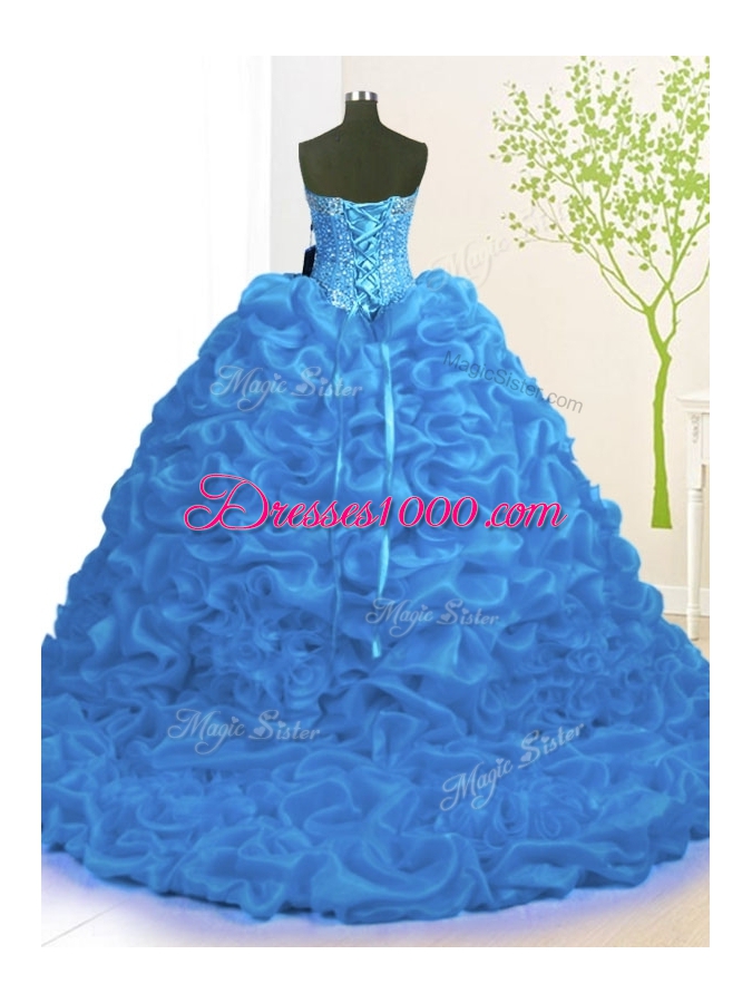 Sleeveless Brush Train Lace Up With Train Beading and Ruffles Sweet 16 Dresses