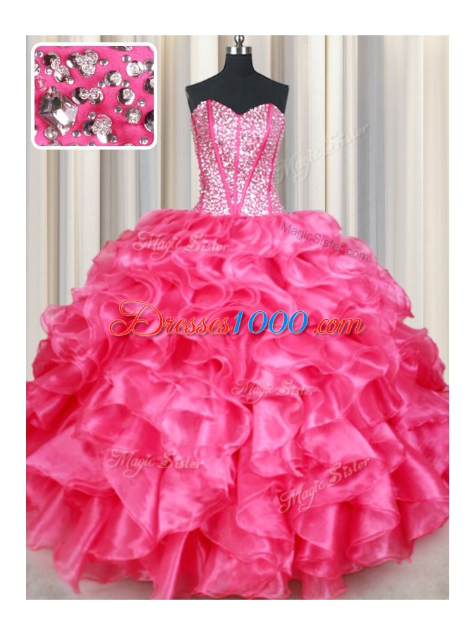 Sumptuous Hot Pink Organza Lace Up 15 Quinceanera Dress Sleeveless Floor Length Beading and Ruffles