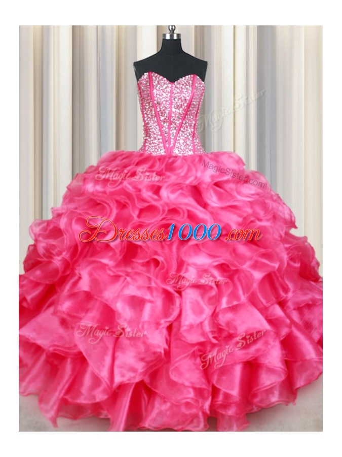 Sumptuous Hot Pink Organza Lace Up 15 Quinceanera Dress Sleeveless Floor Length Beading and Ruffles