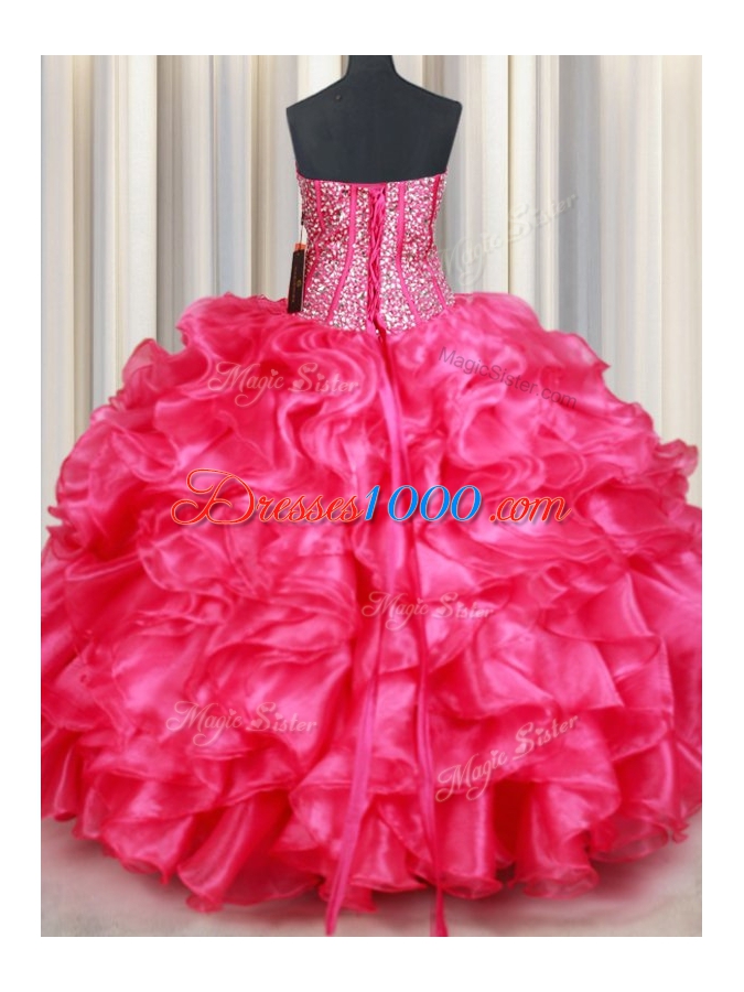Sumptuous Hot Pink Organza Lace Up 15 Quinceanera Dress Sleeveless Floor Length Beading and Ruffles