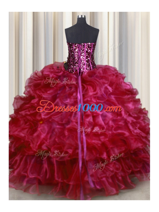 Vintage Hot Pink Organza Lace Up Quinceanera Dresses Sleeveless Floor Length Beading and Ruffles