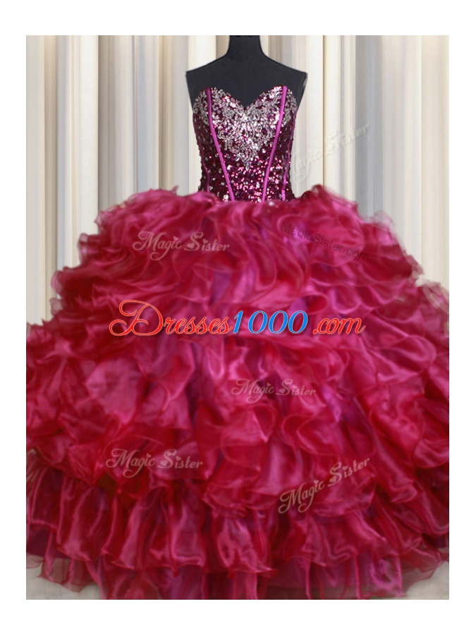 Vintage Hot Pink Organza Lace Up Quinceanera Dresses Sleeveless Floor Length Beading and Ruffles