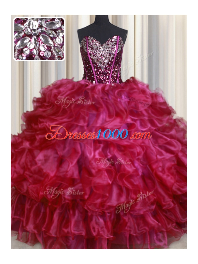 Vintage Hot Pink Organza Lace Up Quinceanera Dresses Sleeveless Floor Length Beading and Ruffles