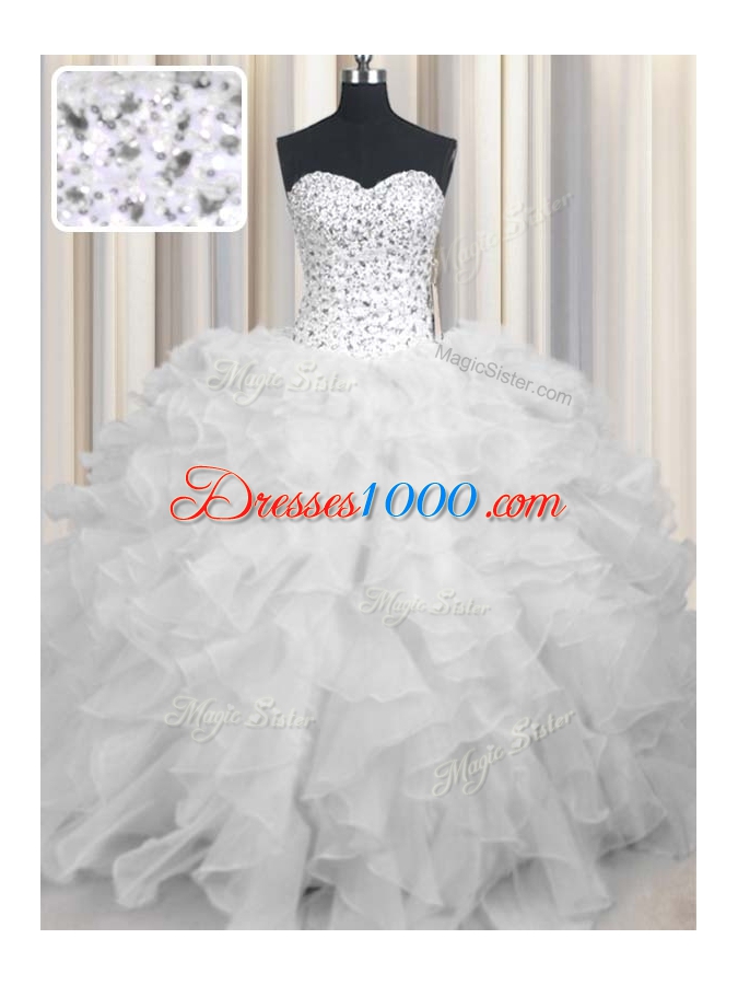 Admirable White Lace Up Sweetheart Beading and Ruffles Quinceanera Dresses Organza Sleeveless