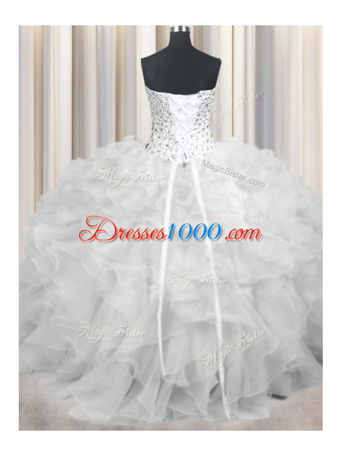 Admirable White Lace Up Sweetheart Beading and Ruffles Quinceanera Dresses Organza Sleeveless