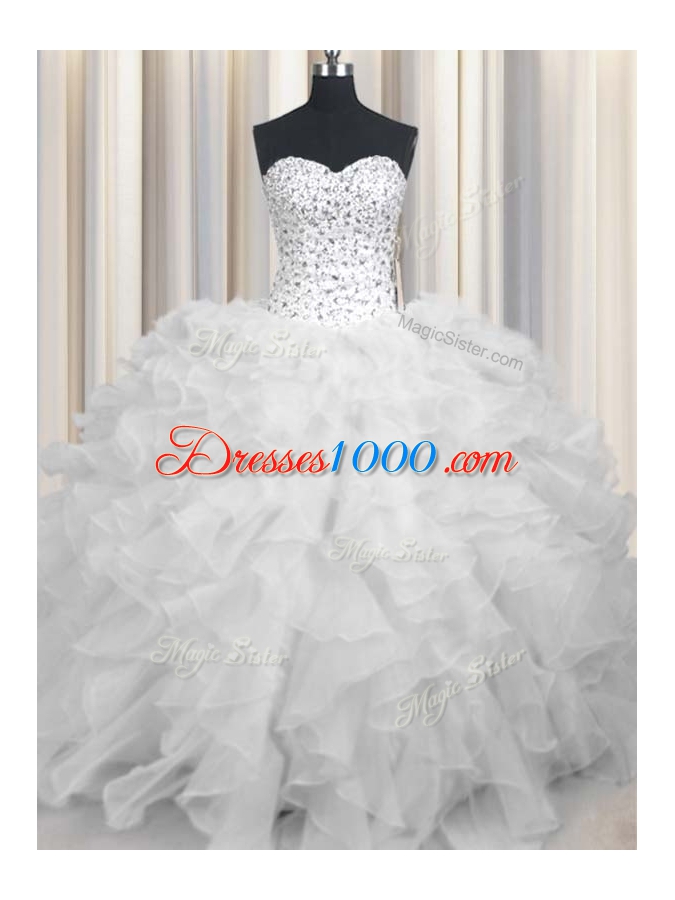Admirable White Lace Up Sweetheart Beading and Ruffles Quinceanera Dresses Organza Sleeveless