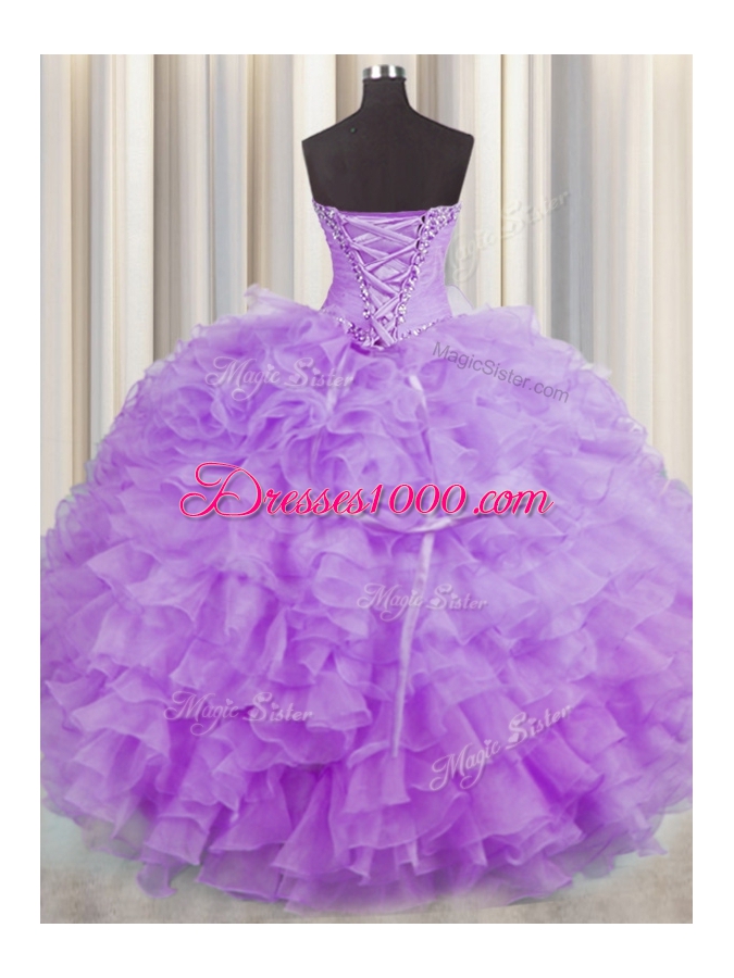 Beauteous Organza Sweetheart Sleeveless Lace Up Beading and Ruffles Quinceanera Dress in Lilac