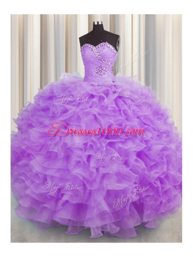 Beauteous Organza Sweetheart Sleeveless Lace Up Beading and Ruffles Quinceanera Dress in Lilac