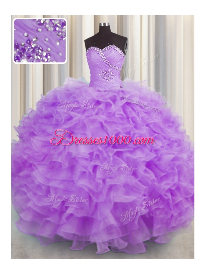 Beauteous Organza Sweetheart Sleeveless Lace Up Beading and Ruffles Quinceanera Dress in Lilac