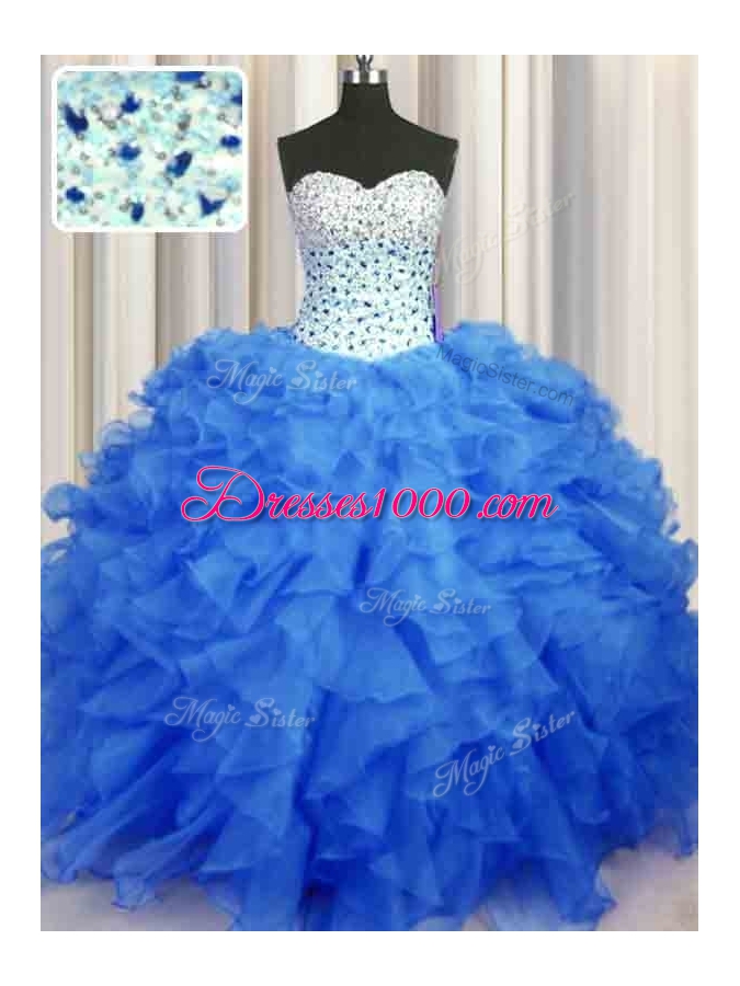 Blue Sweetheart Neckline Beading and Ruffles Sweet 16 Dress Sleeveless Lace Up