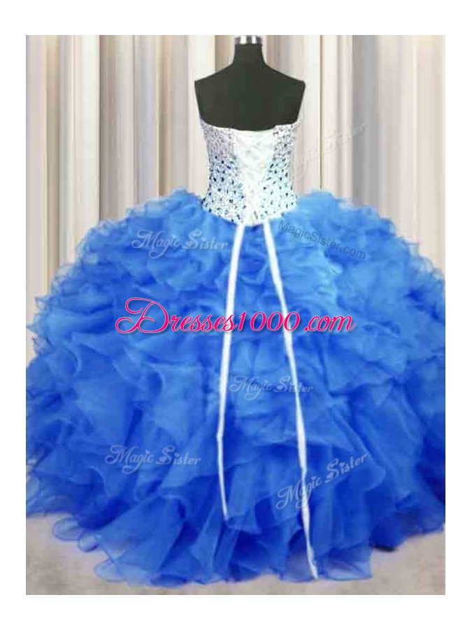 Blue Sweetheart Neckline Beading and Ruffles Sweet 16 Dress Sleeveless Lace Up