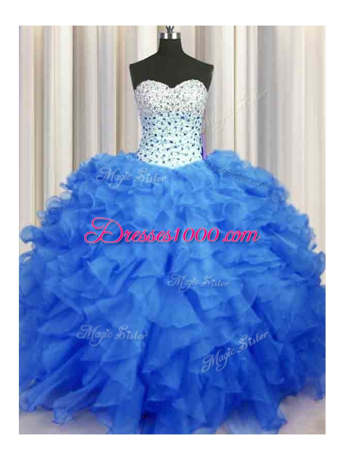 Blue Sweetheart Neckline Beading and Ruffles Sweet 16 Dress Sleeveless Lace Up