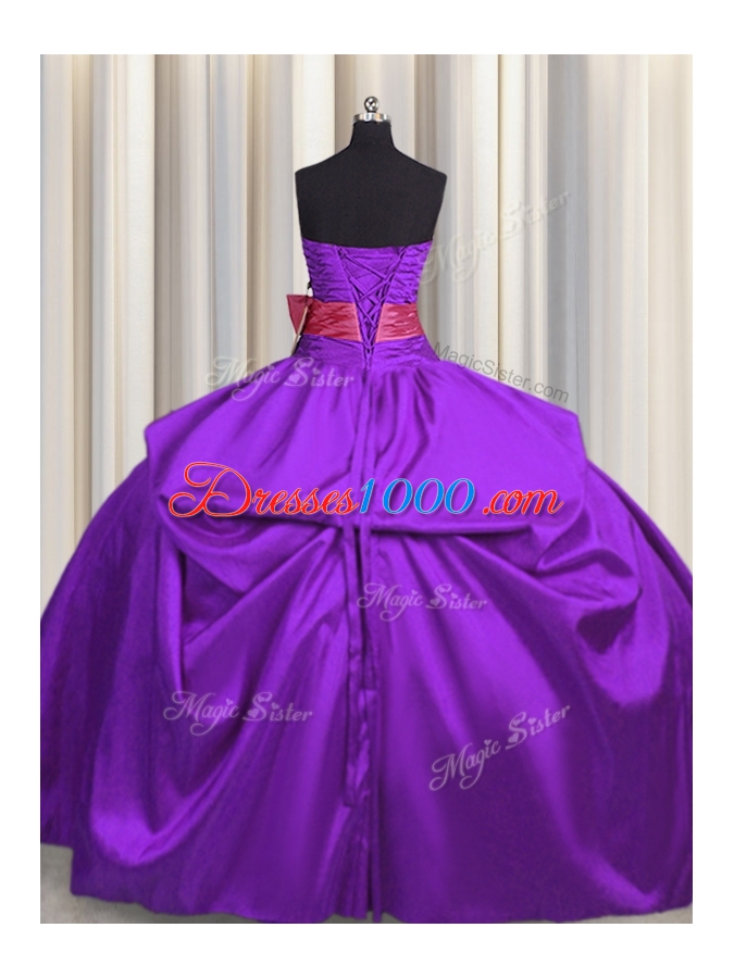 Bowknot Strapless Sleeveless Lace Up Sweet 16 Dress Purple Taffeta