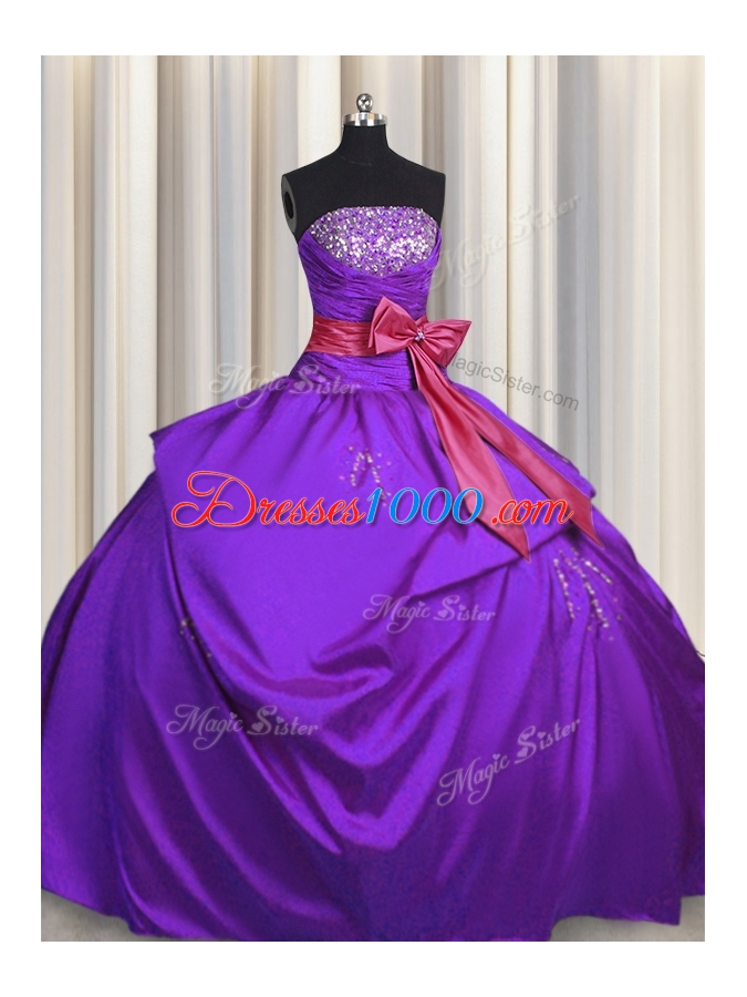 Bowknot Strapless Sleeveless Lace Up Sweet 16 Dress Purple Taffeta