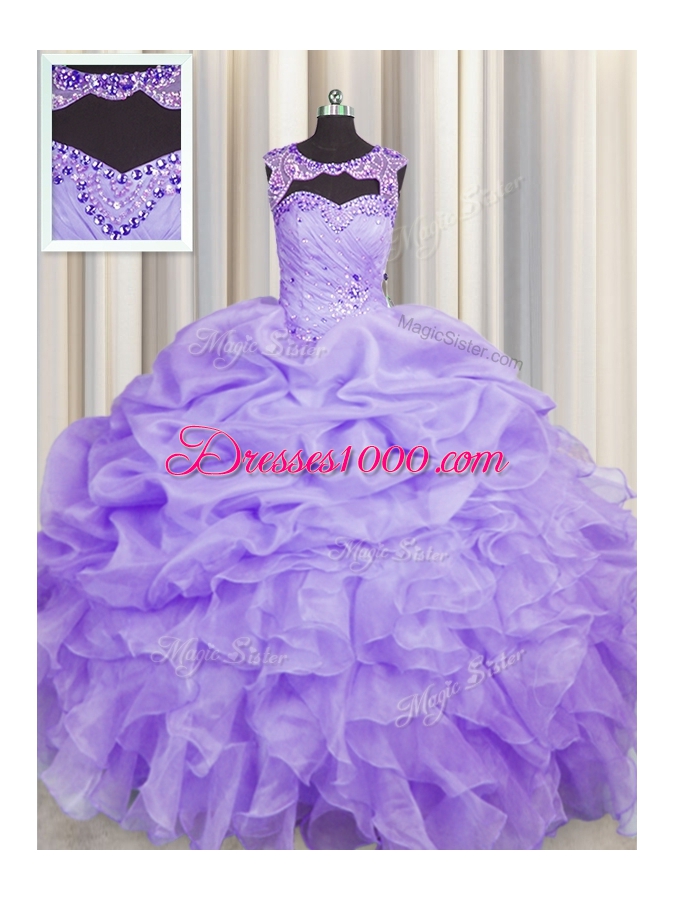 Clearance Scoop Lavender Ball Gowns Beading and Pick Ups Quinceanera Gowns Lace Up Organza Sleeveless Floor Length