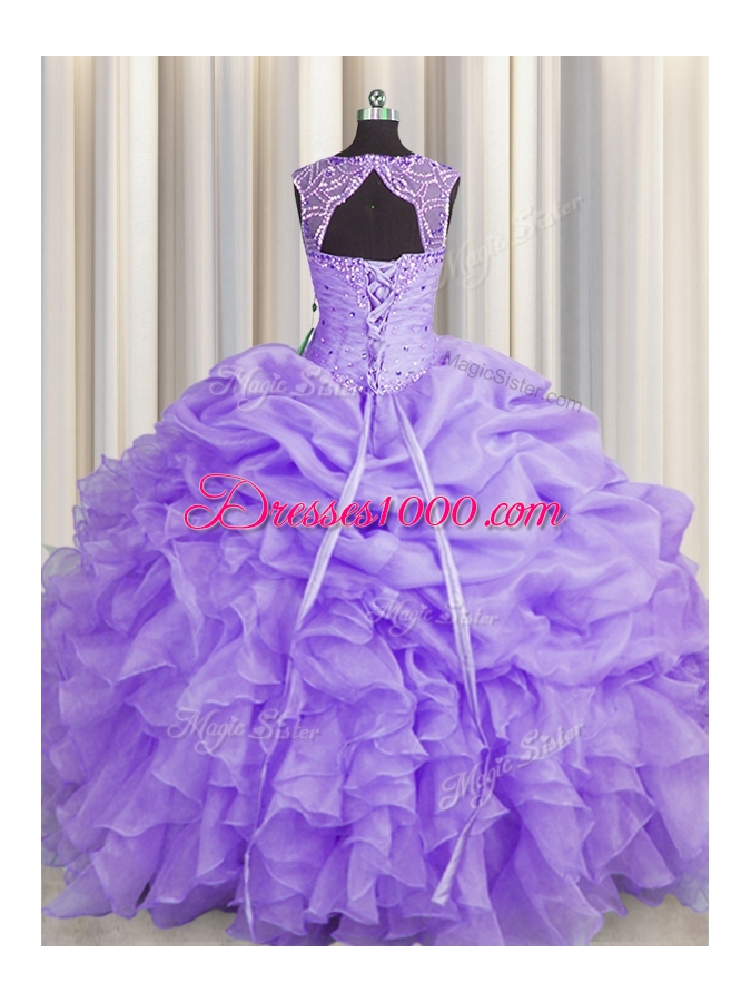 Clearance Scoop Lavender Ball Gowns Beading and Pick Ups Quinceanera Gowns Lace Up Organza Sleeveless Floor Length