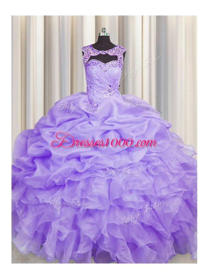 Clearance Scoop Lavender Ball Gowns Beading and Pick Ups Quinceanera Gowns Lace Up Organza Sleeveless Floor Length