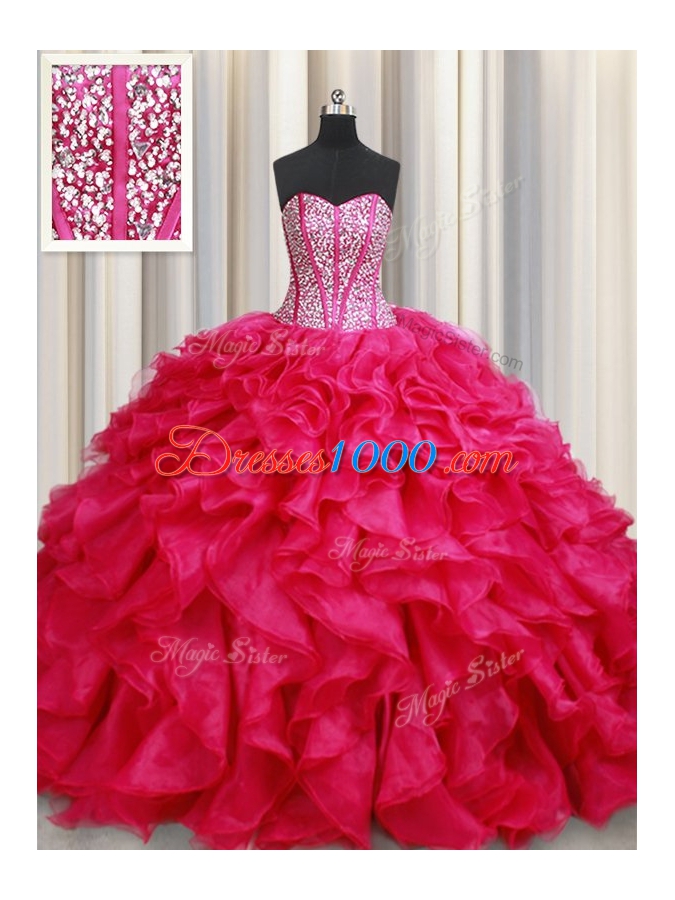 Coral Red Organza Lace Up Quince Ball Gowns Sleeveless With Brush Train Beading and Ruffles