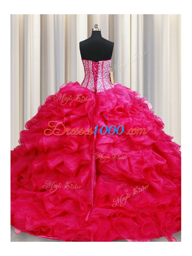Coral Red Organza Lace Up Quince Ball Gowns Sleeveless With Brush Train Beading and Ruffles