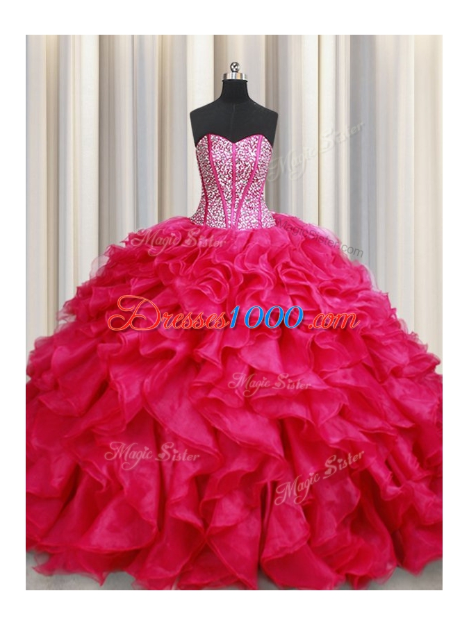Coral Red Organza Lace Up Quince Ball Gowns Sleeveless With Brush Train Beading and Ruffles