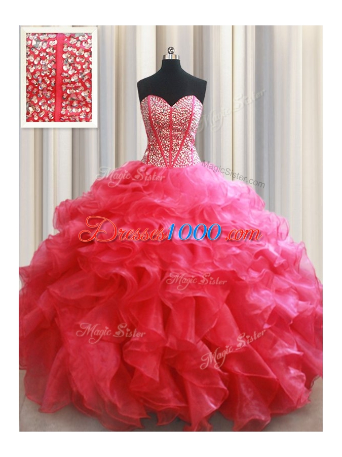 Coral Red Sleeveless Floor Length Beading and Ruffles Lace Up Quinceanera Dress
