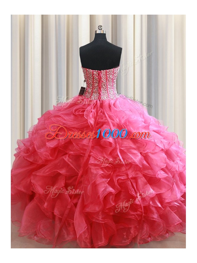 Coral Red Sleeveless Floor Length Beading and Ruffles Lace Up Quinceanera Dress