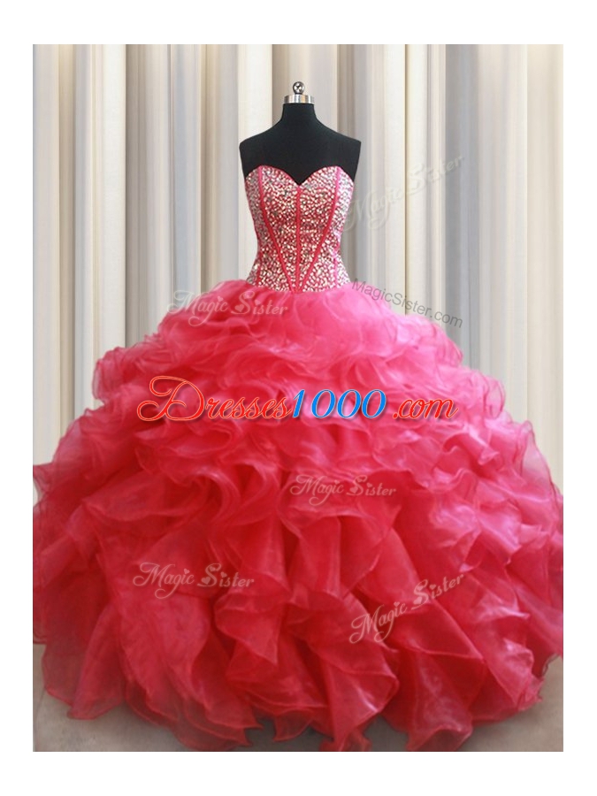 Coral Red Sleeveless Floor Length Beading and Ruffles Lace Up Quinceanera Dress