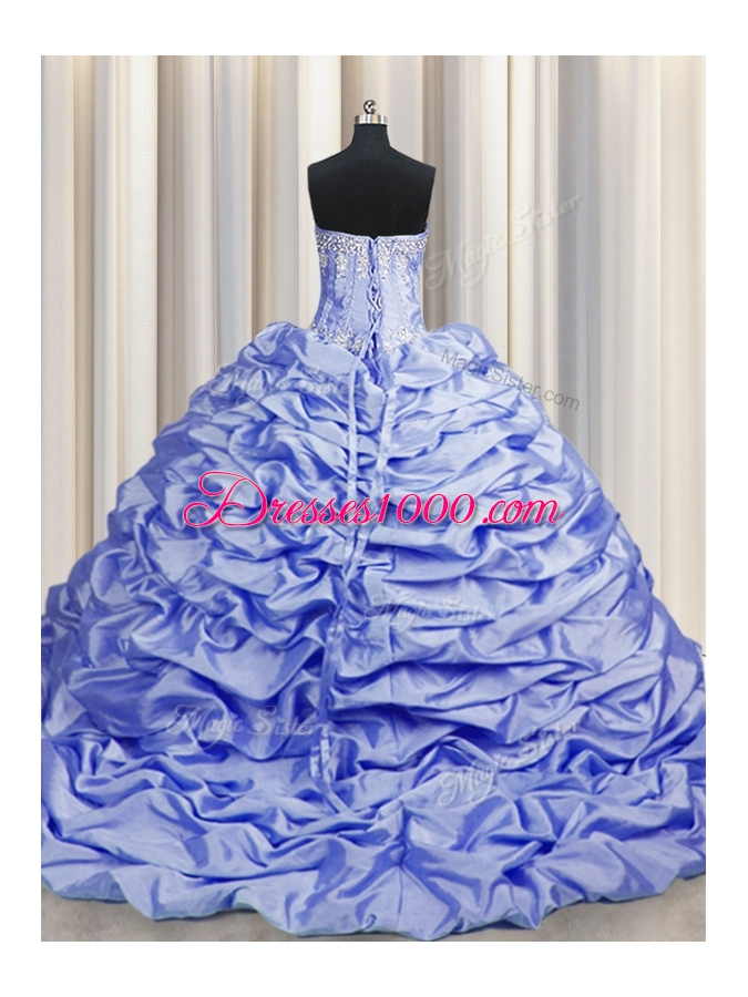 Custom Fit Brush Train Lavender Ball Gowns Beading and Pick Ups Vestidos de Quinceanera Lace Up Taffeta Sleeveless