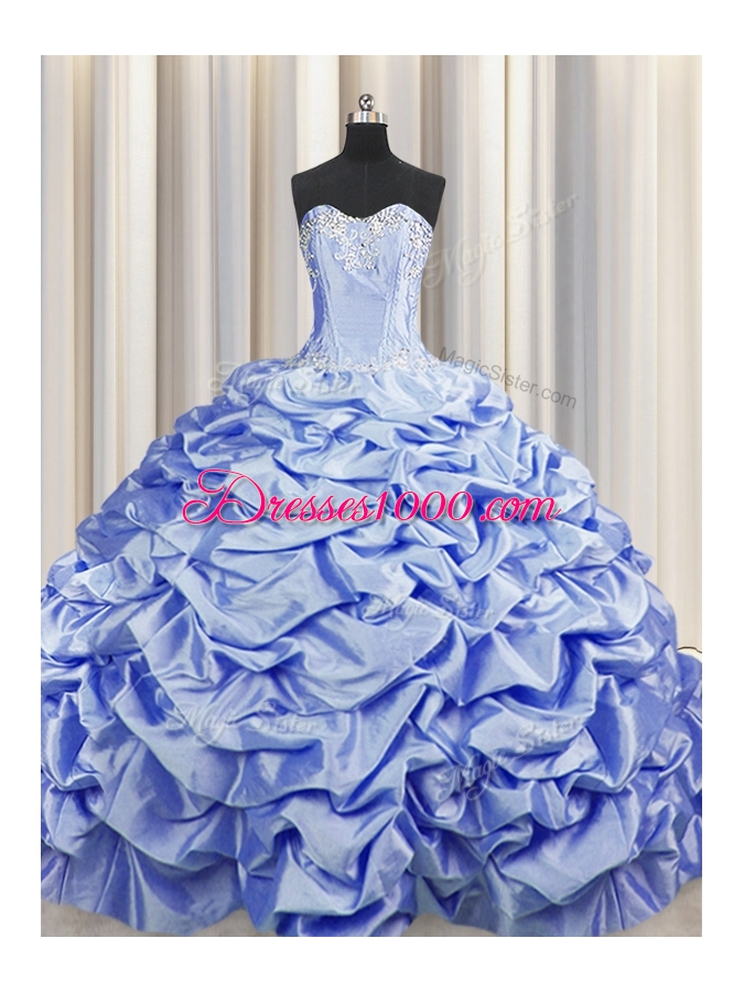 Custom Fit Brush Train Lavender Ball Gowns Beading and Pick Ups Vestidos de Quinceanera Lace Up Taffeta Sleeveless