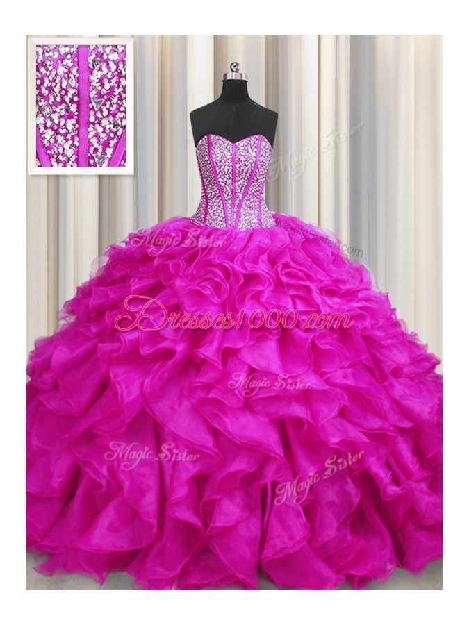 Custom Fit Visible Boning Sweetheart Sleeveless Sweet 16 Dress Brush Train Beading and Ruffles Fuchsia Organza