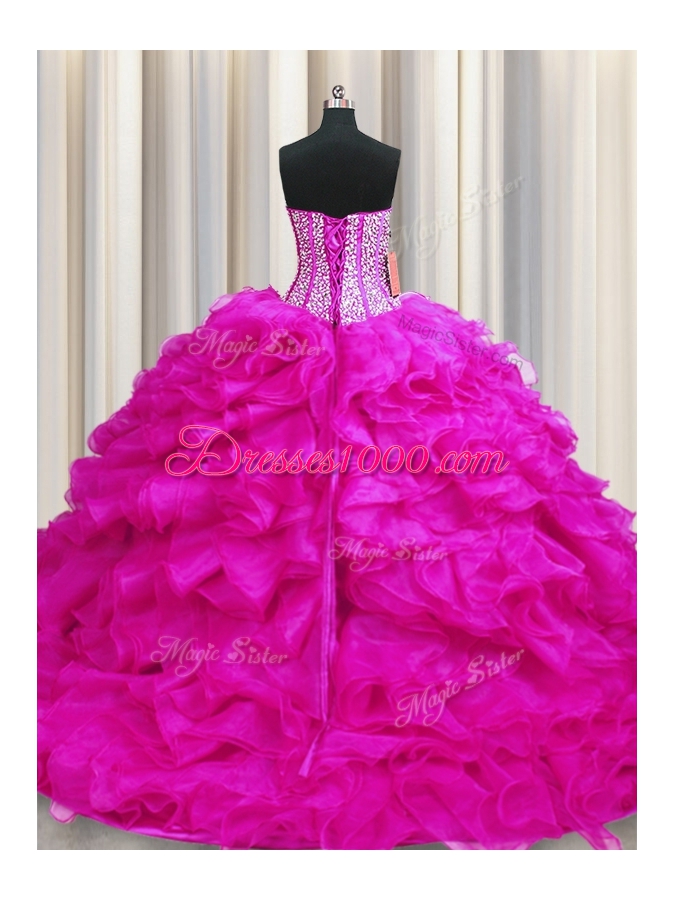 Custom Fit Visible Boning Sweetheart Sleeveless Sweet 16 Dress Brush Train Beading and Ruffles Fuchsia Organza