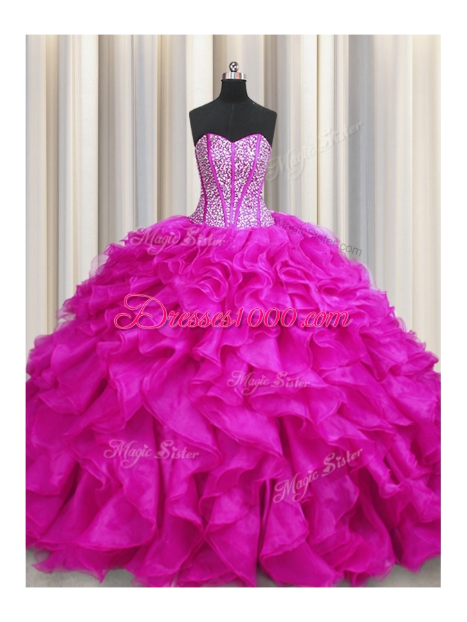 Custom Fit Visible Boning Sweetheart Sleeveless Sweet 16 Dress Brush Train Beading and Ruffles Fuchsia Organza