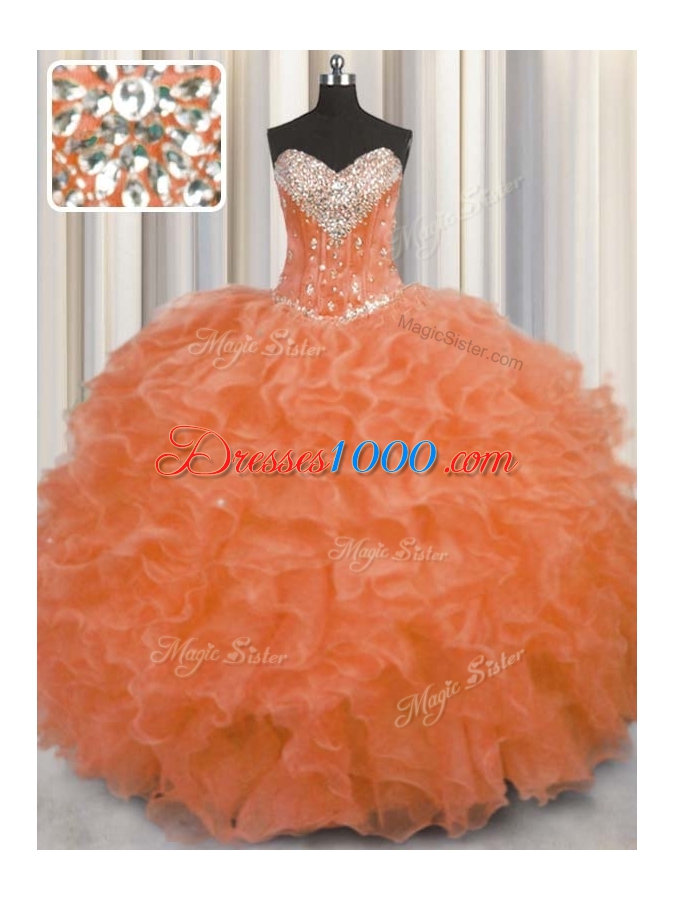 Enchanting Orange Red Vestidos de Quinceanera Military Ball and Sweet 16 and Quinceanera and For with Beading and Ruffles Sweetheart Sleeveless Lace Up