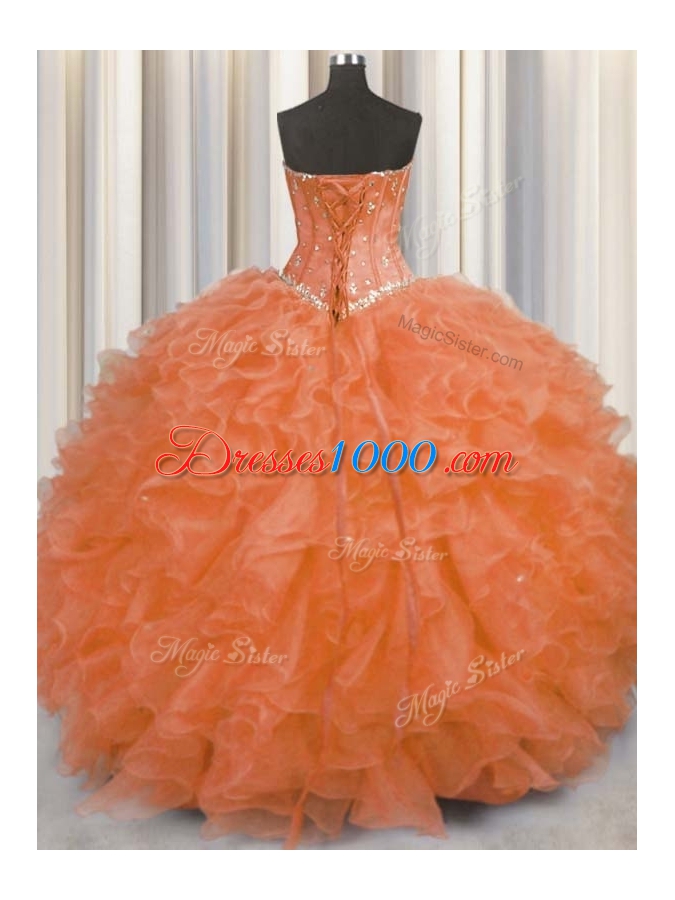 Enchanting Orange Red Vestidos de Quinceanera Military Ball and Sweet 16 and Quinceanera and For with Beading and Ruffles Sweetheart Sleeveless Lace Up