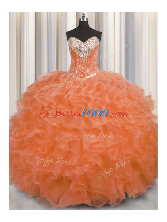 Enchanting Orange Red Vestidos de Quinceanera Military Ball and Sweet 16 and Quinceanera and For with Beading and Ruffles Sweetheart Sleeveless Lace Up